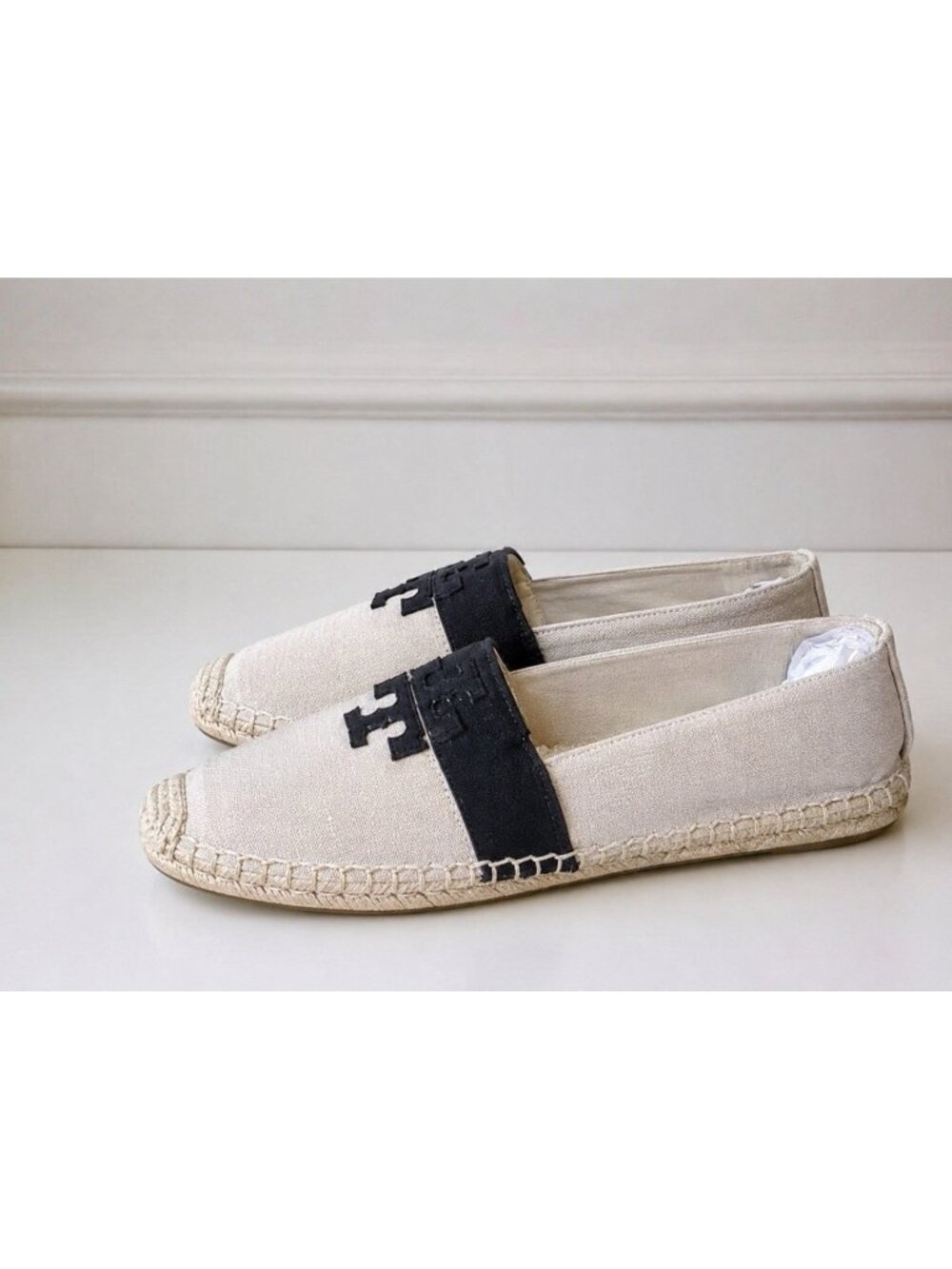 Tory Burch Weston Flat Espadrille Natural Canvas Black/Beige Logo Shoes Size 9